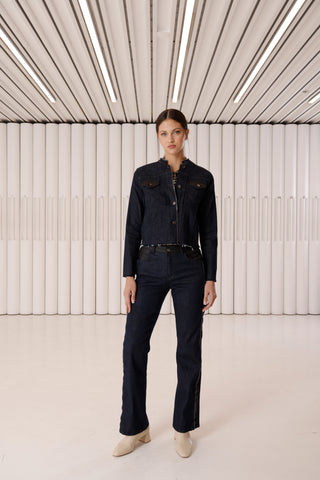 Deri Efektli Denim Pantolon