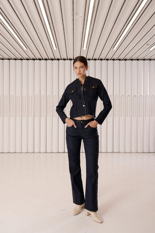 Deri Efektli Denim Pantolon