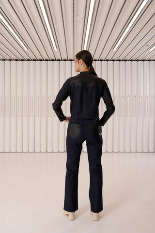 Deri Efektli Denim Pantolon