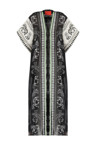 Elde Taş Baskı Siyah Beyaz Uzun Kaftan