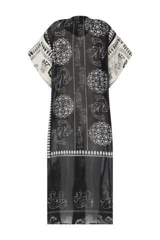 Elde Taş Baskı Siyah Beyaz Uzun Kaftan