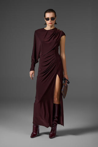 Drape Detaylı Bordo Midi Jarse Elbise