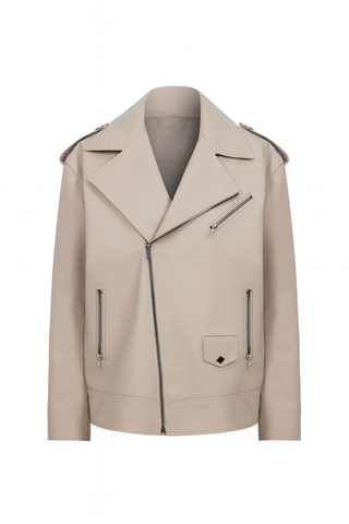 Bej Oversize Biker Deri Ceket
