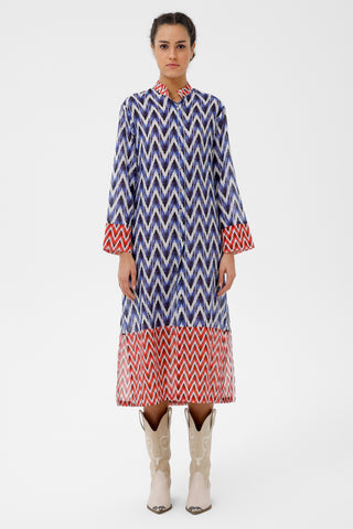 İndigo İkat Desenli Pamuklu Gömlek Kaftan