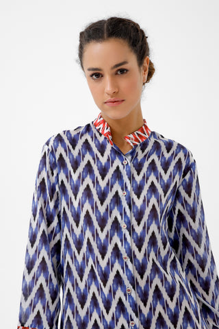 İndigo İkat Desenli Pamuklu Gömlek Kaftan