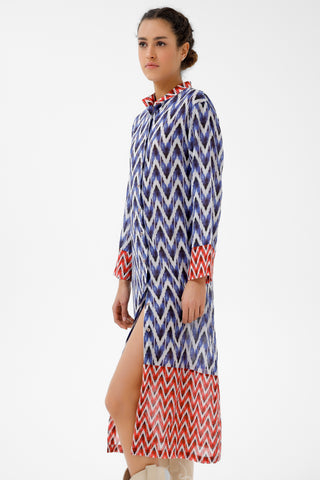 İndigo İkat Desenli Pamuklu Gömlek Kaftan