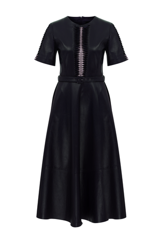 Lazer Kesim Detaylı İkonik Deri Elbise