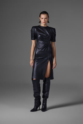 Siyah Yırtmaç Detaylı Deri Elbise