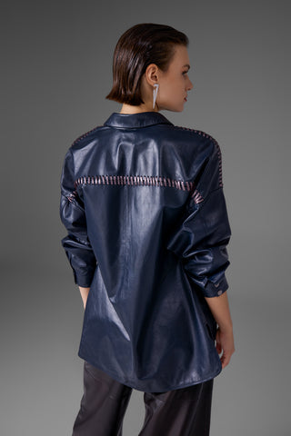 Lacivert El Örgüsü Detaylı Deri Ceket