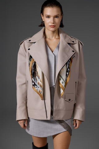 Bej Oversize Biker Deri Ceket