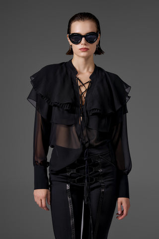 Siyah Deri Kordon Detaylı Pantolon