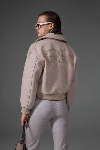 Taş Rengi Deri Detaylı Yün Bomber Ceket