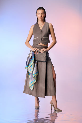 Deri Örgü Detaylı Smoky Keten Yelek