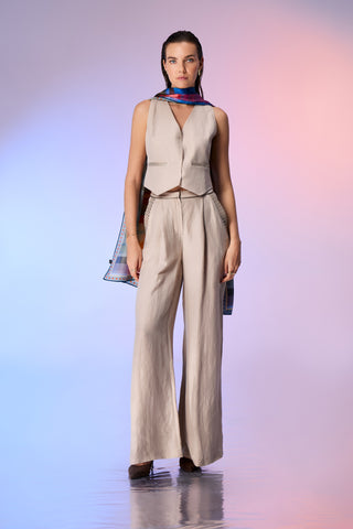 Keten Örgü Deri Detaylı Palazzo Pantolon