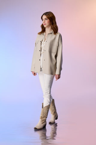 Bej Cep Detaylı Kadın Deri Ceket