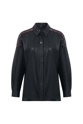 Lacivert El Örgüsü Detaylı Deri Ceket