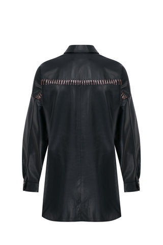 Lacivert El Örgüsü Detaylı Deri Ceket