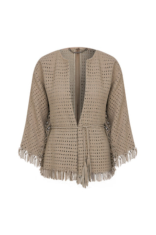 Deri Örgü Detaylı Kimono Ceket