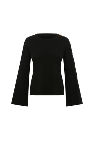 Long-sleeved black knit sweater with button detail