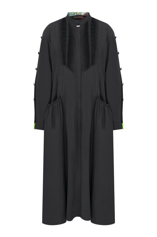 Hakim Yaka Siyah Uzun Gömlek Elbise