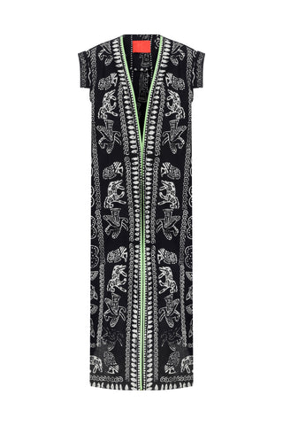 Hand-printed long black caftan.