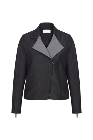 Antrasit Esnek Denim Asimetrik Fermuarlı Kısa Ceket