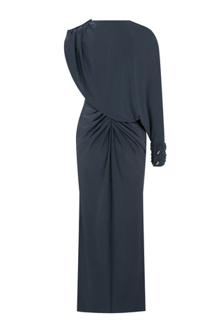 Drape Detaylı Gri Midi Jarse Elbise