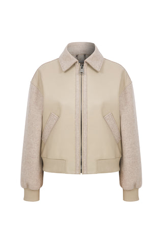 Taş Rengi Deri Detaylı Yün Bomber Ceket