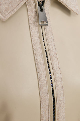 Taş Rengi Deri Detaylı Yün Bomber Ceket