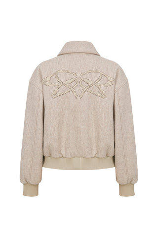 Taş Rengi Deri Detaylı Yün Bomber Ceket