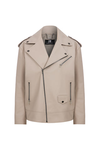 Bej Oversize Biker Deri Ceket