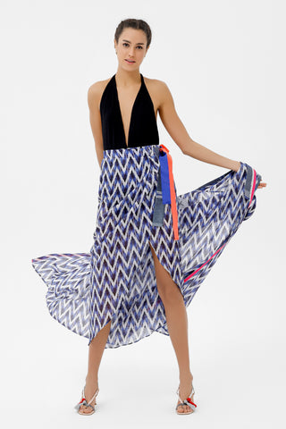 Indigo Ikat Pattern Midi Wrap Skirt