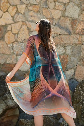 Astral Neon Desen İpek Şifon Kaftan